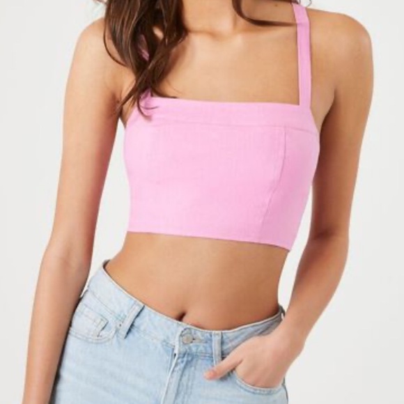 NWOT-Forever 21 Smocked Pink Tie-Back Crop Top Size Large - Picture 2 of 16